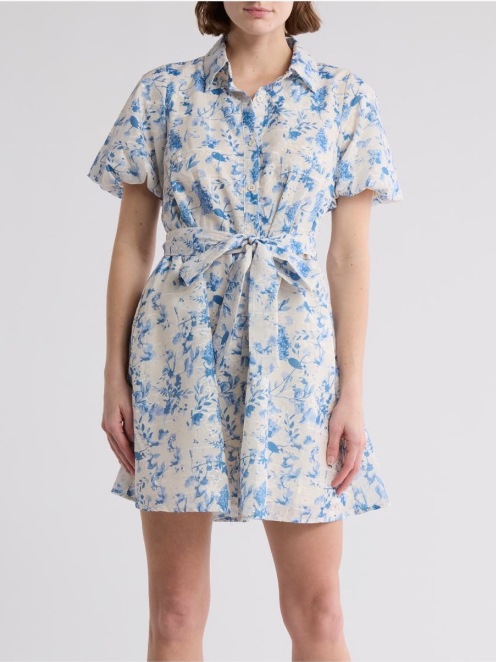Sam Edelman Blue Floral Tie-Waist Mini Shirt Dress